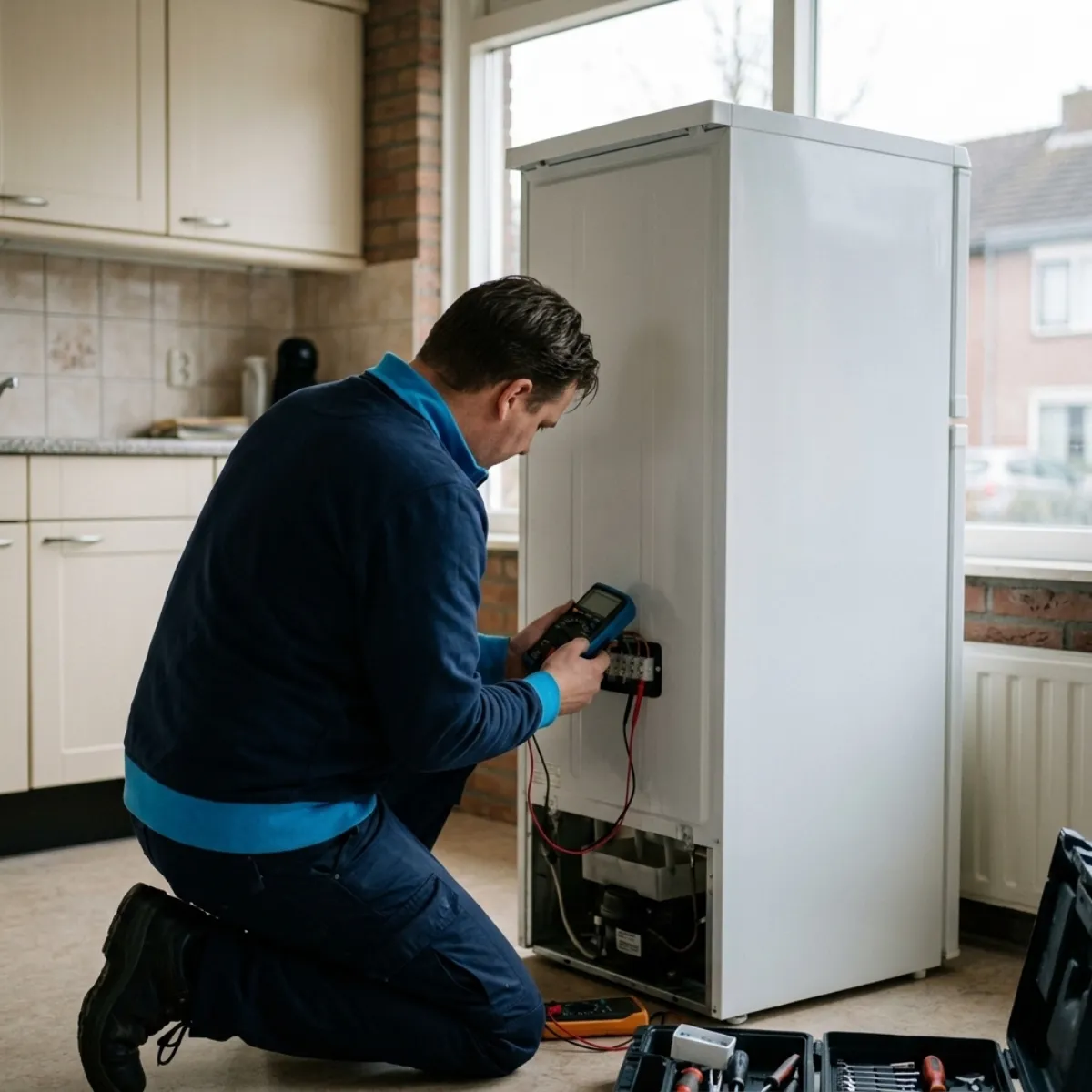 Monteur knielt bij een witte koelkast en meet met een multimeter